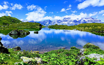 Beautiful Mountain Hike in Switzerland, Glarnerland, trees, clouds, sky, alps, water, reflections, lake HD wallpaper