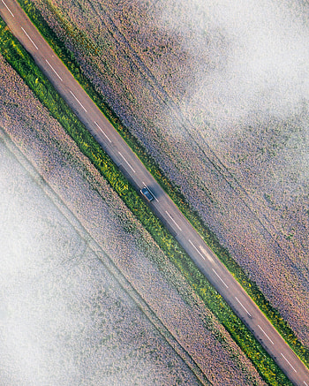 Fields, Clouds, View From Above, Miscellanea, Miscellaneous, Road, Car, Machine HD phone wallpaper