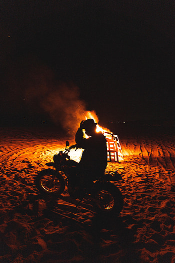 Fire, Dark, Silhouette, Flame, Motorcyclist, Motorcycle HD phone wallpaper