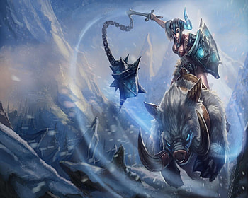 Boar Rider, winter, boar, moumtains, woman, mace HD wallpaper