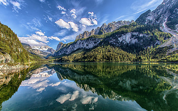 Lake Gosau, Austria, sky, water, reflections, clouds, alps, mountains HD wallpaper