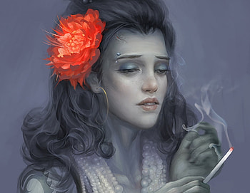Smoking, ciggrette, digital art, lady, 2d, cg, portrait, flower, , female, alex lei sheng, digital painting, girl, illustration, woman, artwork, fantasy, smoke, face, hair, eye HD wallpaper