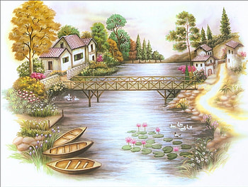 Painting, bridge, river, art HD wallpaper