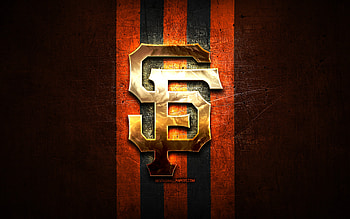 San Francisco Giants emblem, MLB, golden emblem, orange metal background, american baseball team, Major League Baseball, baseball, San Francisco Giants HD wallpaper