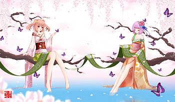 Butterfly n Cherry, kimono, yukata, cute, floral, butterfly, petals, flower, cherry blossom, , female, blossom, sexy, hot, girl, anime girl, anime, sakura, touhou, sakura blossom HD wallpaper