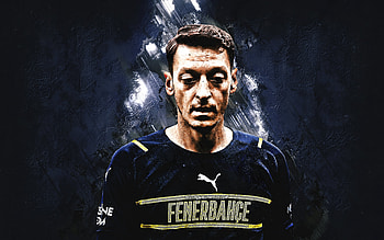 Mesut Ozil, Fenerbahce, German footballer, portrait, hoot, Mesut Ozil art, blue stone background, football HD wallpaper