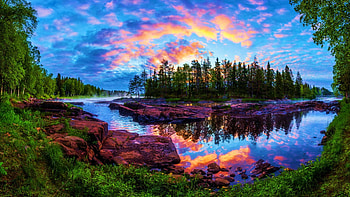 Morning At Kiiminki River, Finland, colors, trees, cluds, sky, forest, water, sunset, reflections, scandinavia HD wallpaper