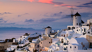 oia isle windmills at sunset, sea, isle, windmills, sunset HD wallpaper