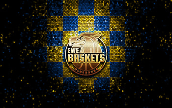 Baskets Oldenburg, glitter logo, BBL, yellow blue checkered background, basketball, german basketball club, Baskets Oldenburg logo, mosaic art, Basketball Bundesliga HD wallpaper