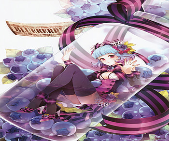 Blueberry Girl, blue, cute, dress, beauty, short hair, heels, fruit, sweet, art, ribbon, girl, beautiful, bottle, purple, blueberries, anime, pretty, flowers, lovely HD wallpaper