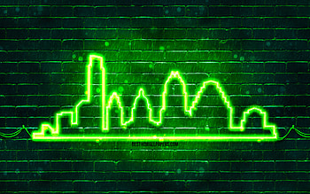 Austin green neon silhouette, , green neon lights, Austin skyline silhouette, green brickwall, american cities, neon skyline silhouettes, USA, Austin silhouette, Austin HD wallpaper