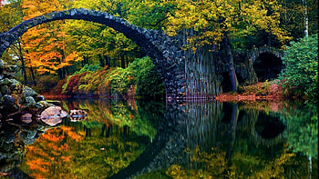 Arch Bridge, river, trees, autumn, colors, stones HD wallpaper