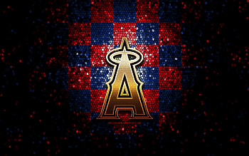 Los Angeles Angels emblem, glitter logo, MLB, red blue checkered background, american baseball team, Major League Baseball, mosaic art, baseball, Los Angeles Angels, LA Angels HD wallpaper