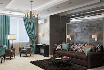 Luxurious modern living room with chandelier, sofa, armchairs, and stylish decor. HD wallpaper