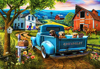 Joy Ride, barn, painting, car, house, fence, dogs, trees, flowers HD wallpaper
