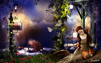 Fantasy Girl, fantasy, garden, fox, woman, cart HD wallpaper