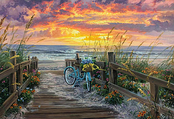 Morning Ride, sea, colors, sunrise, beach, artwork, bicycle, painting, clouds, sky HD wallpaper