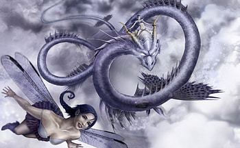 Fairies and a dragon, blue, art, flying, girl, woman, fairy, purple, fantasy, dragon, sky HD wallpaper
