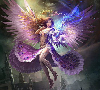 Angel, purple, wings, eudia chae, pink, fantasy, girl, serenity HD wallpaper