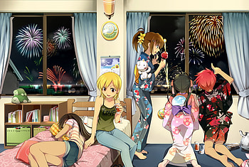 Fireworks, two, colorful, ribbon, kimonos, light, flower, girls, turtles, five, bow, sleep HD wallpaper