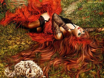 Fantasy Woman, fantasy, cat, red hair, grass, woman, gree eyes HD wallpaper