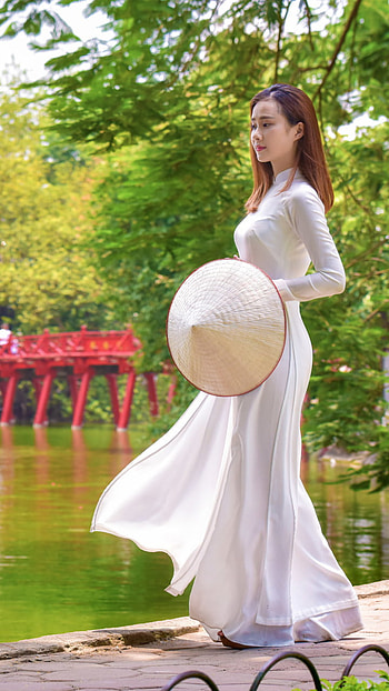 brunette, white dress, model, woman, asian HD phone wallpaper
