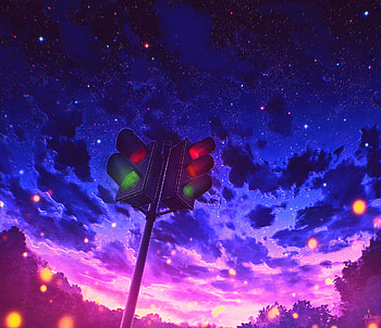 Traffic light, evening, beautiful sky, anime HD wallpaper