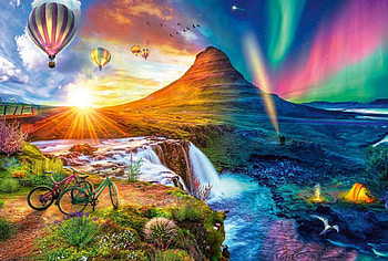 Island Night and Day, river, mountain, digital, bicycles, balloons, northern lights, waterfall, tent, sun HD wallpaper