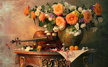 Still life with appricots and violin, rose, still life, instrument, andrei morozov, flower, fruit, orange, violin, appricot HD wallpaper