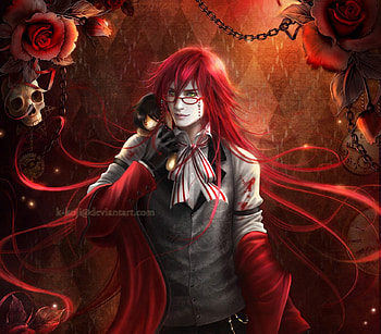 Grell Sutcliff, 3d, sunglasses, cg, flower, glasses, sinister, handsome, anime, kuroshitsuji, phantomhive, kull, guy, realistic, green eyes, scary, gloom, skull, floral, red hair, long hair, bone, rose, darkness, scare, , male, evil, gloomy, dark, chain, boy, black butler, red, redhead HD wallpaper