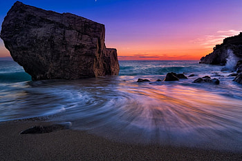 Malpasso beach, colors, nice, beach, shore, waves, sands, amazing, water, ocean, sunset, sea, beautiful, rocks, purple, clouds, sky, lovely HD wallpaper