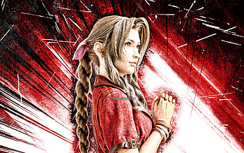 Aerith Gainsborough, grunge art, Final Fantasy, creative, Aerith, red abstract rays, Final Fantasy VII Remake, Aerith Final Fantasy HD wallpaper