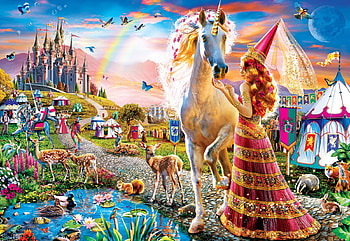 Fairytale Friendship, artwork, painting, deer, unicorn, princess, castle, tents, pond HD wallpaper