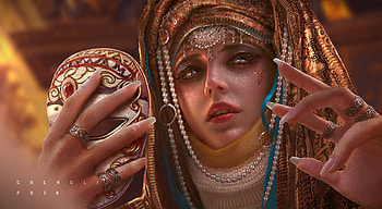 High priestess, frumusete, mask, art, girl, hand, jewel, fantasy, face, luminos, cheng li HD wallpaper