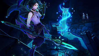 Xiao With Trident Blue Background Genshin Impact HD wallpaper