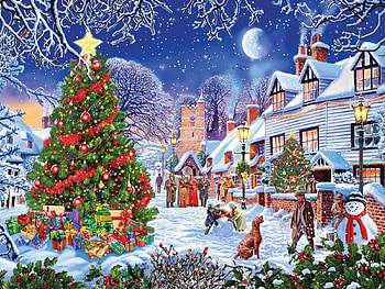 Village Christmas Tree Steve Crisp, artwork, winter, dog, painting, moon, houses, people HD wallpaper
