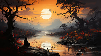 Serene Lakeside Sunset, artistic, lake, shore HD wallpaper