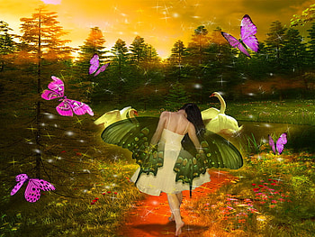 Fantasy world, butterflies, lady, fantasy, world, girl, woman, sunrise HD wallpaper