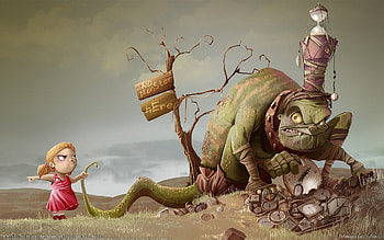 Funny, Art, Clock, Girl, Green Monster HD wallpaper