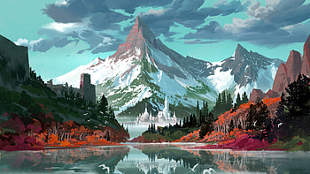 Majestic Mountain Backdrop City, artist, artwork, digital-art, artstation HD wallpaper