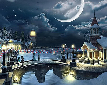 Christmas night, night, bridge, holiday, moon HD wallpaper