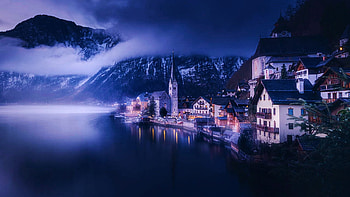 Moody Morning At Hallstatt, Austria, alps, church, houses, lake, austria HD wallpaper