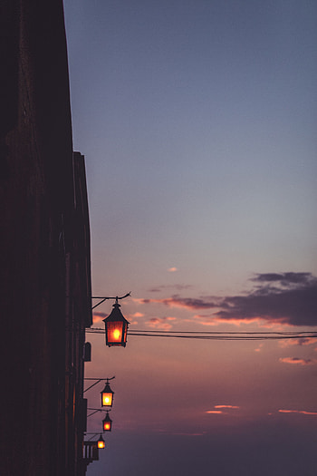 Nature, Sunset, Sky, Lights, Lanterns, Roof HD phone wallpaper