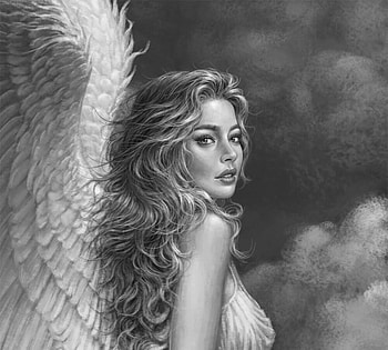 Angel, wings, frumusete, white, black, grey, gorgeous, bw, superb, chalky nan, fantasy, luminos HD wallpaper