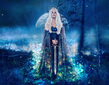 Blue Warrior, blue, lady, sword, moon, warrior HD wallpaper