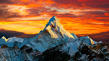 Mountain landscape, cliffs, sky, peak, rocks, fiery, sunset, mountain, majestic, beautiful, orange HD wallpaper