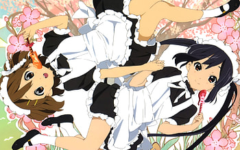 Nakano Azusa and Hirasawa Yui, females, sexy, 2 girls, cute, black hair, long hair, pretty, short hair, brown hair, hirasawa yui, flowers, holding hands, maids, nakano azusa, k-on HD wallpaper