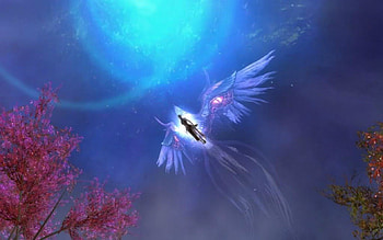 I send you my angel to watch over you, my dear Carl!, night, blue, wings, angel, spring, bloom, pink, day, moon, fantasy, light, flower, sun HD wallpaper