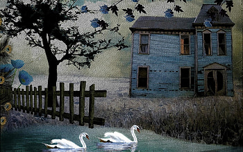 Painting Art Texture Rustic Birds Swan Fence House Buildings Architecture Trees Background HD wallpaper