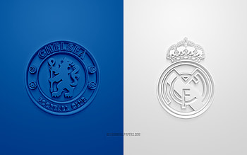 Chelsea FC vs Real Madrid, 2022, UEFA Champions League, Quarterfinals, 3D logos, blue and white background, Champions League, football match, 2022 Champions League, Chelsea FC, Real Madrid HD wallpaper